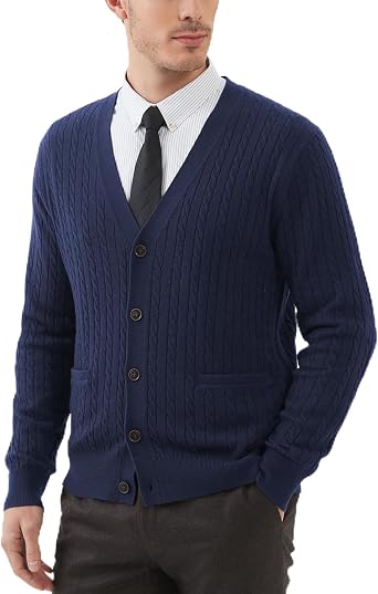 Kallspin Mens Cardigan Sweater Wool Blend Cable Knit V Neck Buttons Cardigan with Pockets