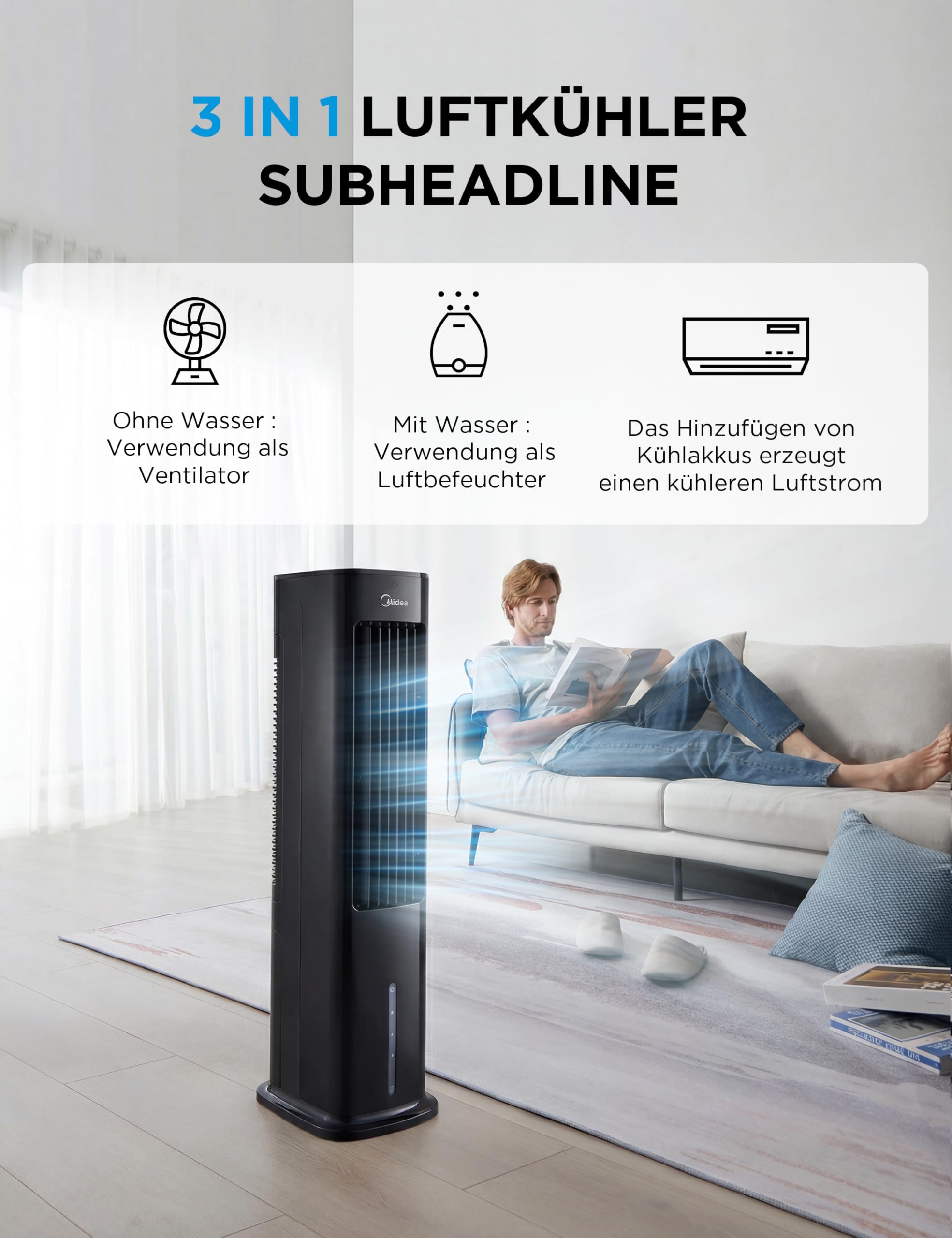 Midea AC100-20ARB(BK) Turmventilator mit Wasserkühlung – 4-in-1 mobiler Luftkühler, Ventilator, Luftbefeuchter & Reiniger mit Fernbedienung, für Schlafzimmer, Home-Office, 5L Tank, Schwarz