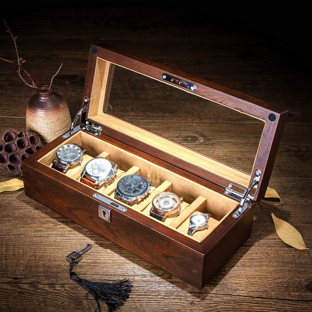 Caja de reloj, caja de colección de joyas, soporte organizador, bandeja para pulsera, caja de almacenamiento de exhibición de madera con tapa de vidrio y 5 almohadas de almacenamiento extraíbles