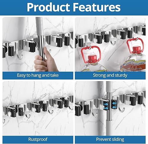 Miniatura 2 de Paquete de 2 soportes para escobas de montaje en pared, para fregona y escoba, organizador de herramientas de almacenamiento de acero inoxidable