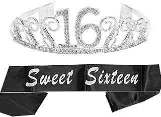 MEANT2TOBE 16th Birthday Sash and Tiara for Girls - Fabulous Set: Glitter Sash + Floating Heart Rhinestone Silver Premium ...