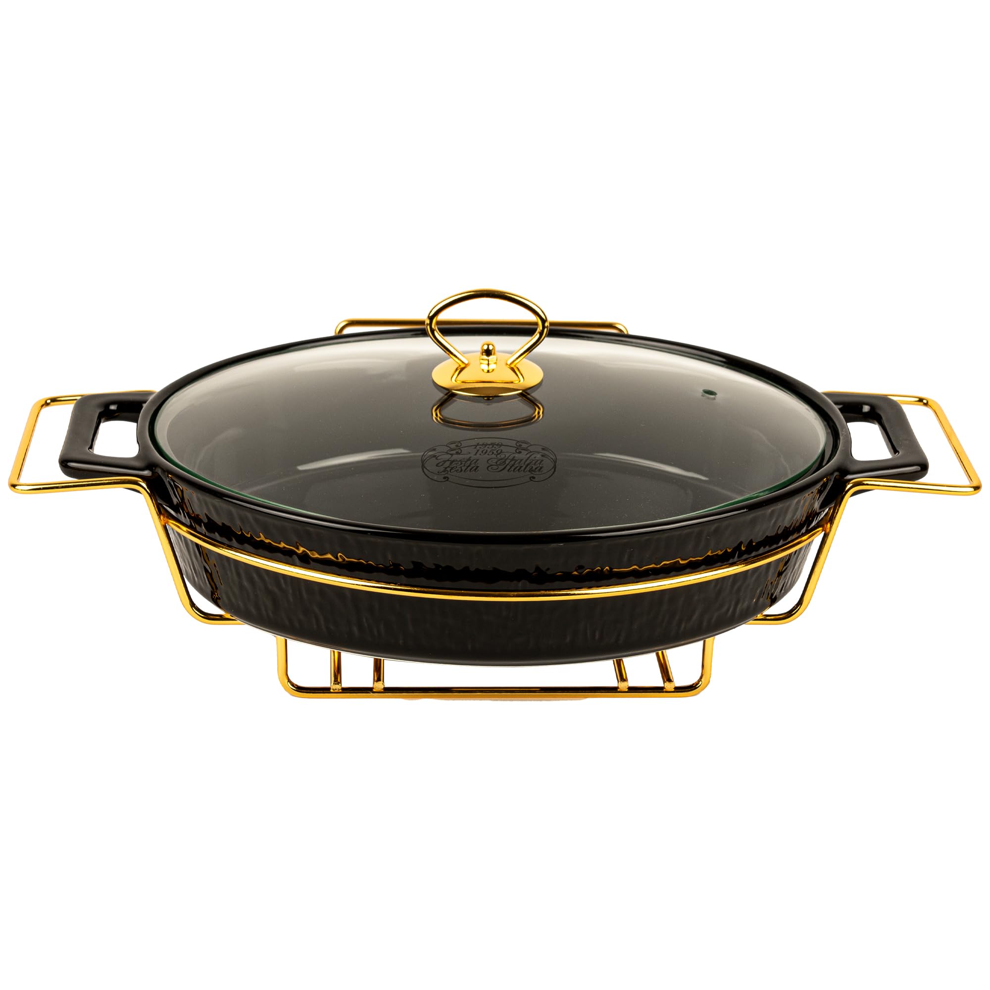 Auflaufform Keramik mit Deckel - 2.5L - Lasagne Oval Form Groß - Schwarz Auflaufformen mit Ständer Tealight - Ofenform - Backform - Lasagneform - Casserole Dish - Großkeramik