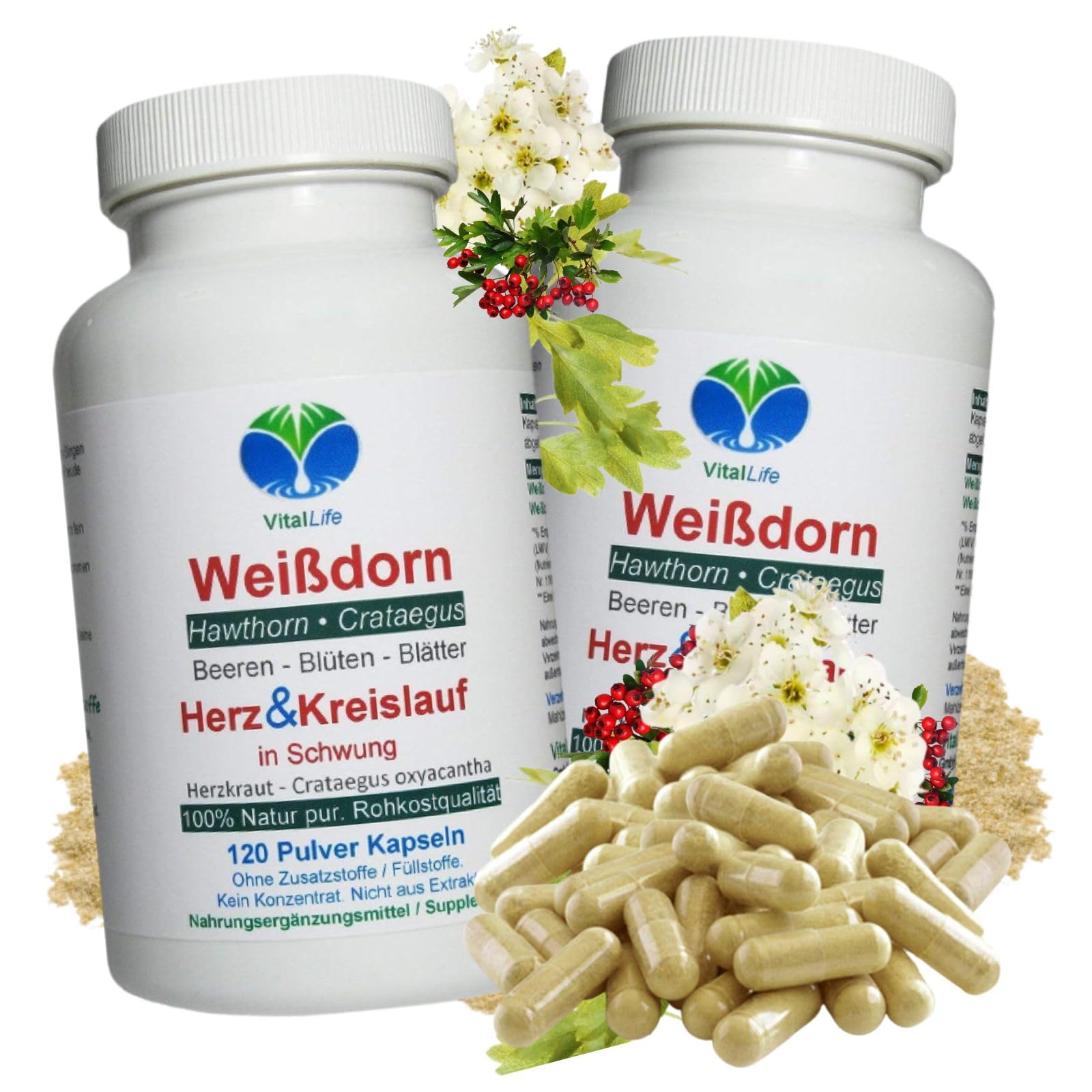 WEISSDORN Weißdorn HERZ-KREISLAUF 240 Kapseln 2x120 "HERZKRAUT" NATUR pur Weißdornbeeren & Weißdornblätter & Weißdornblüten. OHNE ZUSATZSTOFFE. 27100-2