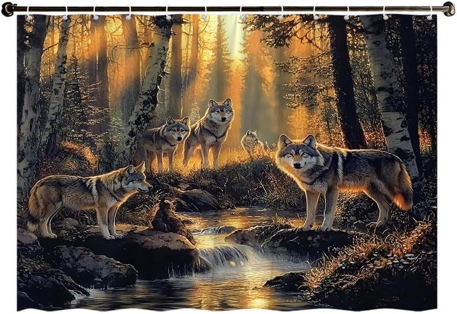 Wolf Shower Curtain Wild Animal Black Grey Pine Tree Birch Tree Misty Forest Safari Country Hunting Theme Oil Painting Decorative Curtain with Polyester Fabric