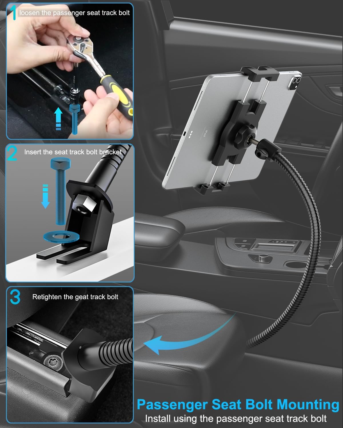 Car Seat Rail Tablet Holder for Truck, Gooseneck Heavy-Duty Front Passenger Seat Tablet Mount, 20inch Adjustable Metal Arm Compatible with 4-13" iPad Pro Air Mini, iPhone, Galaxy Tabs, Z Fold, Fire HD