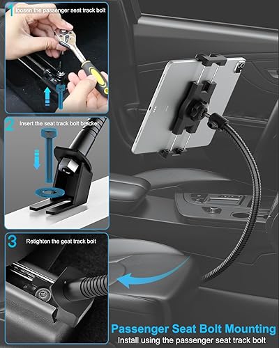 Miniatura 4 de Soporte para tablet con riel de asiento de automóvil para camión, cuello de cisne resistente para asiento delantero del pasajero, brazo de metal