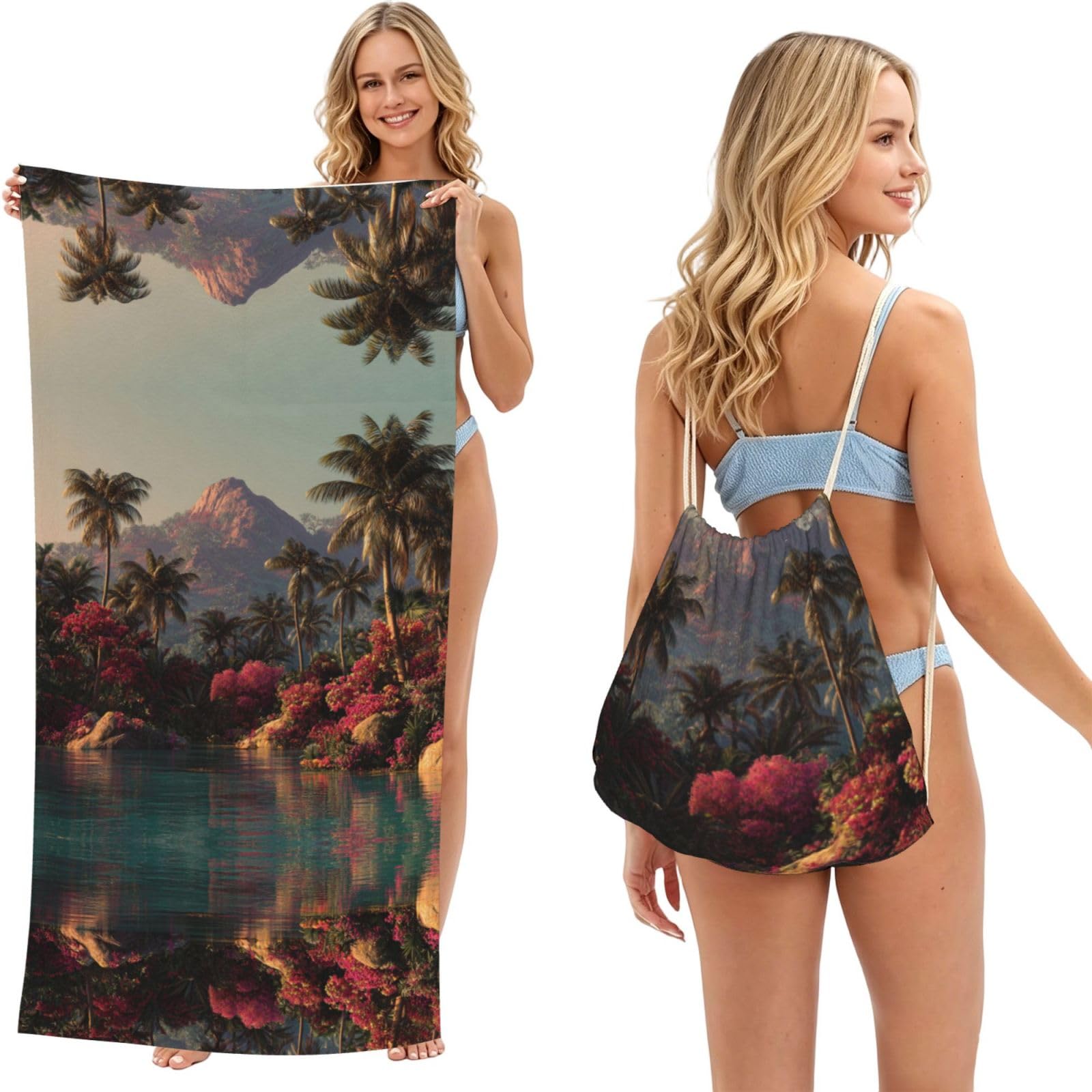 ESNAIUVCD Tropical Scenery Print Beach Towel For Adults,Towel With Drawstring Bag, Travel Pool Swimming Sports Shower Sand Free Quick Dry Bath Towel For Pool, Beach, Yoga- 180x60cm