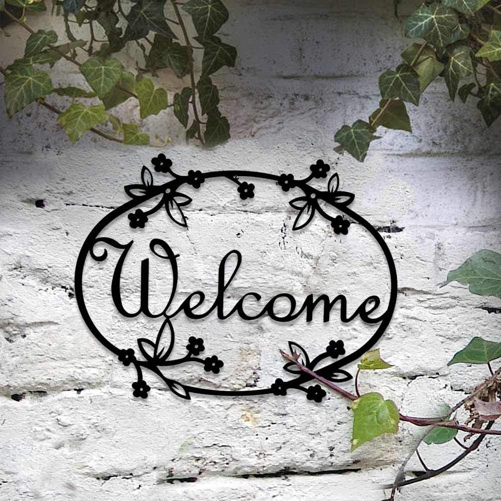 12-Inch American Made Iron Outdoor Welcome Sign - Floral Design