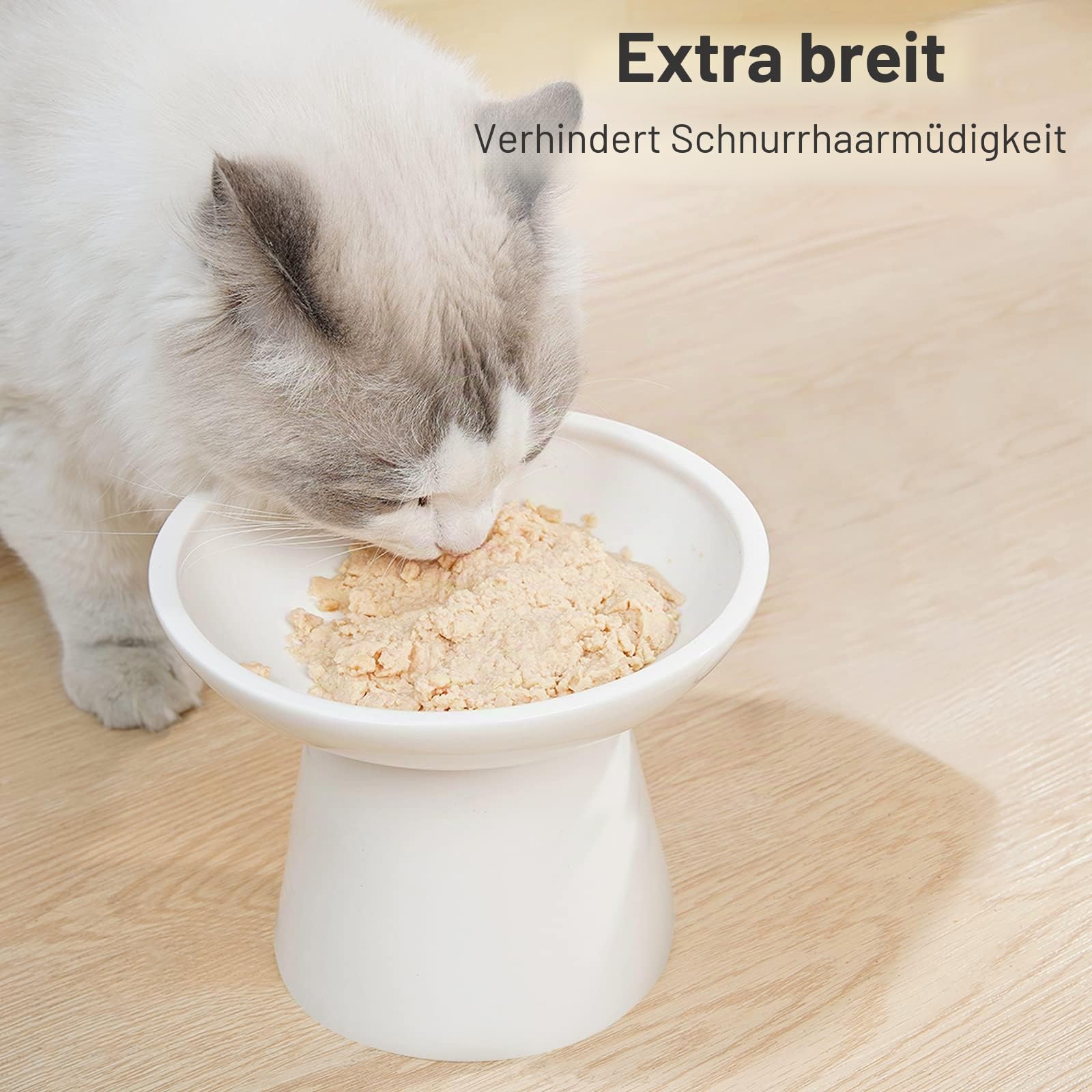 CEEFU Extra breite Katzennäpfe - keramischer Katzennapf 15,7cm Erhöhter Flacher Boden Katzennapf, Schnurrhaar-Ermüdung, blei- und kadmiumfrei, 12,7cm Gute Höhe für Katzenfütterung, weiß