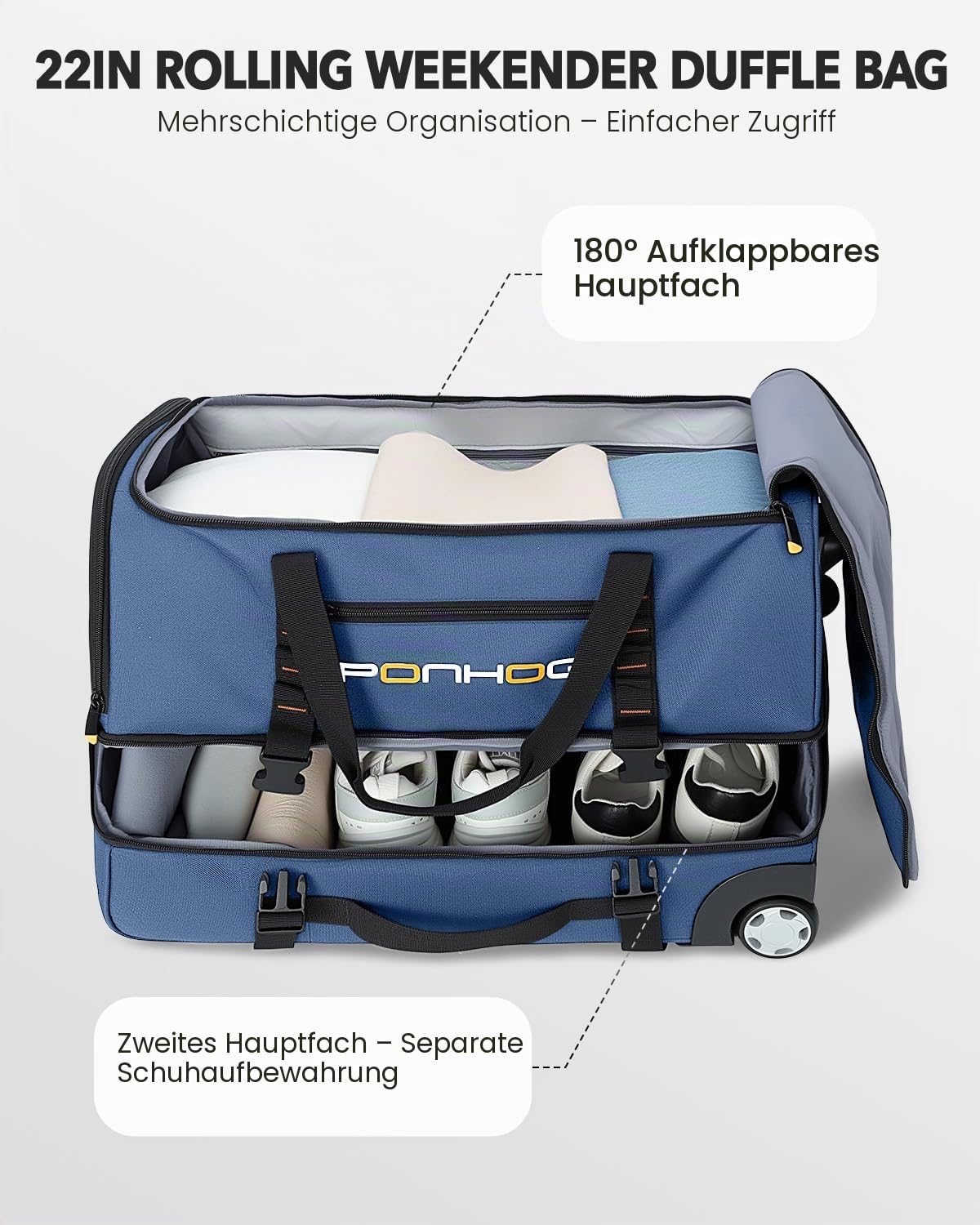 Ponhog Reisetasche mit Rollen - Trolley Sporttasche, Rolltasche mit Schuhfach und Wasserabweisend für Reisen, Fitness, Übernachtung, Ausflug, Wochenendausflug