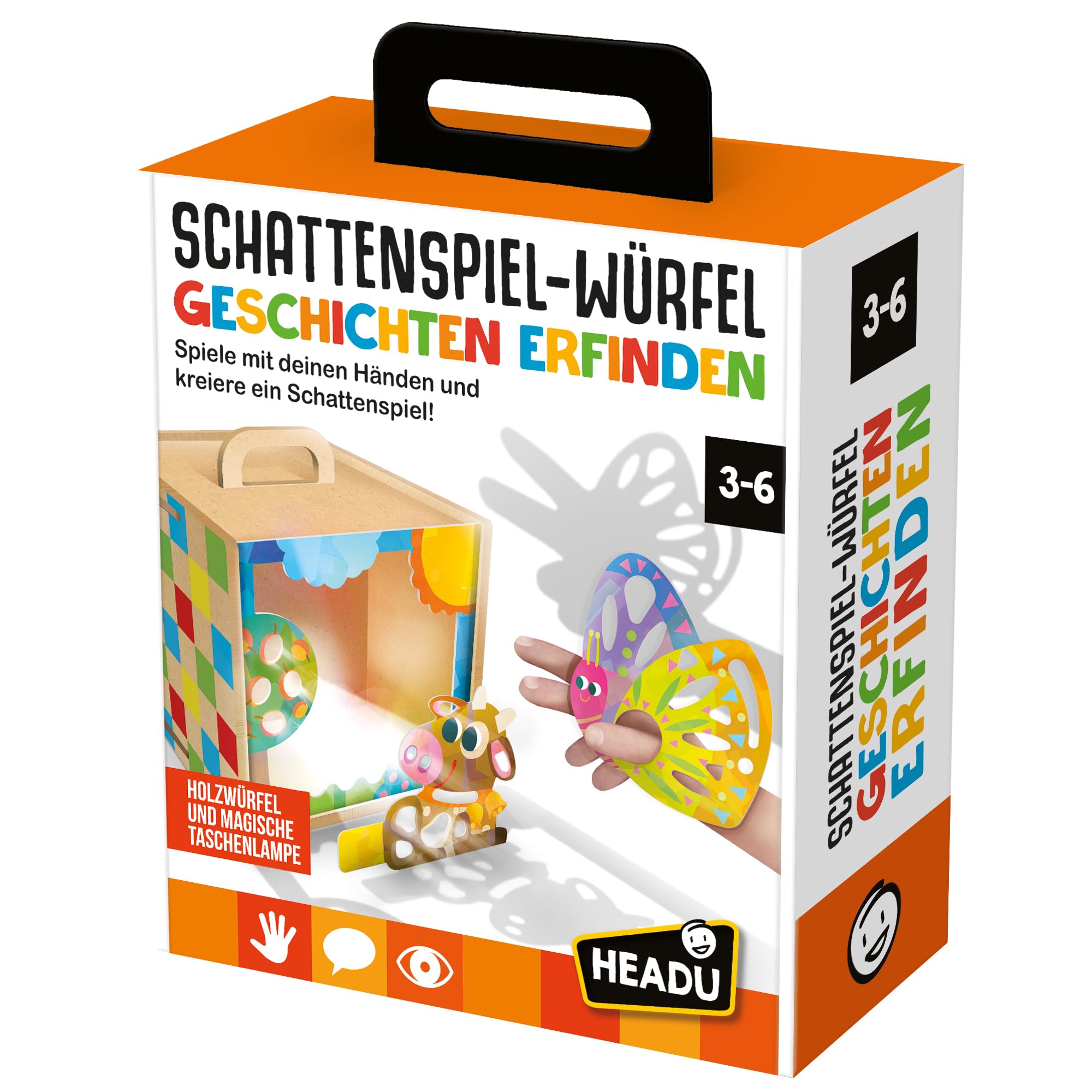 Headu "Dados de juego de sombras: juega con tus manos y crea un juego de sombras!": juego educativo para niños de 3 a 6 años, incluye linterna, versión alemana (DE60742)