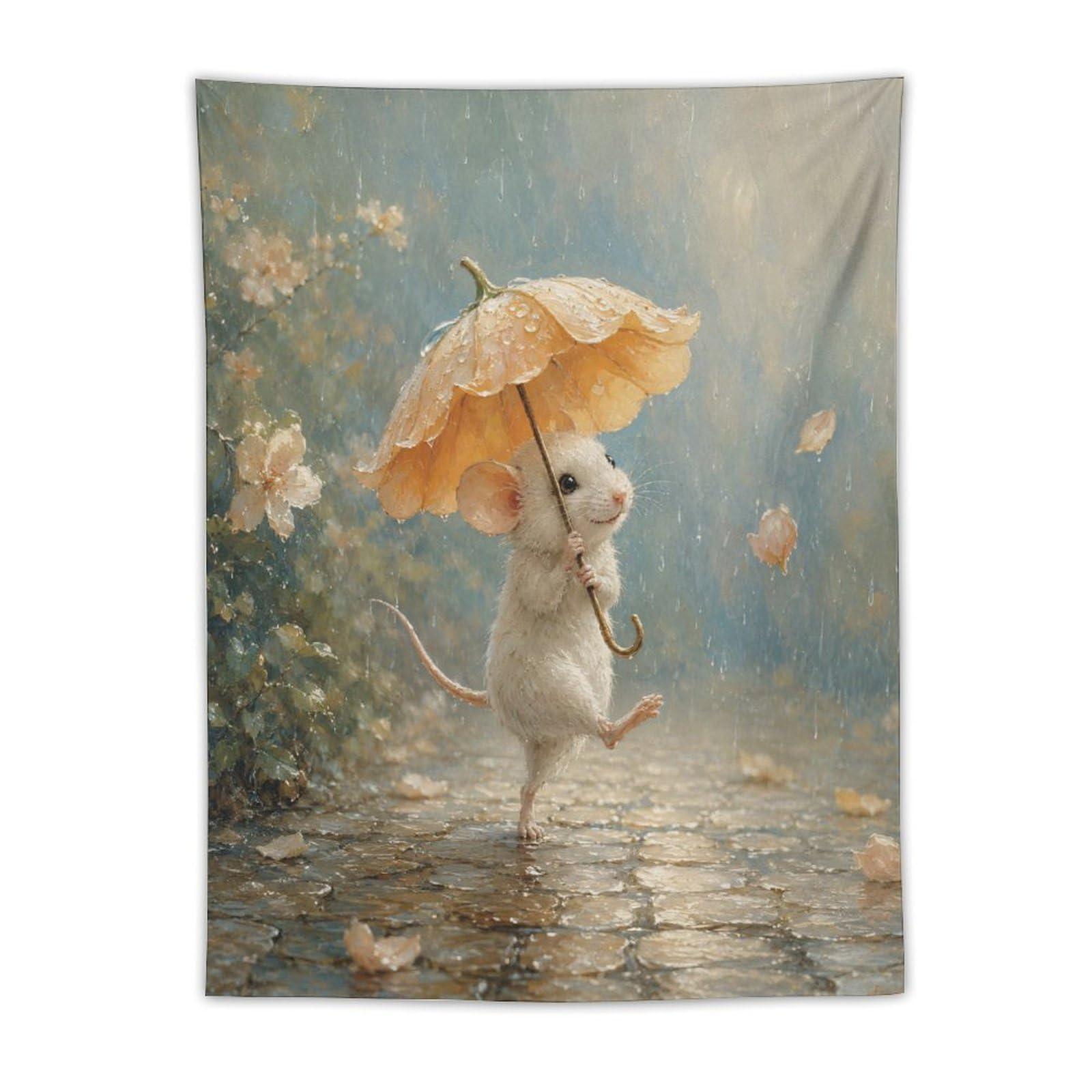 H3B8U2Y5 Umbrella Mouse Floral Wall Tapestry, Whimsical Storybook