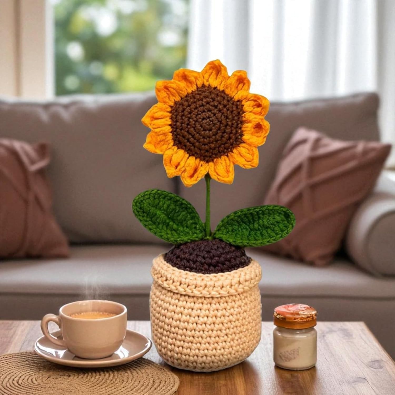 craftelio Handmade Crochet Sunflower Pot – Knitted Artificial Flower Plant for Home Décor, Office Desk, Living Room, Table Decoration & Gifting (Beige)-image-22