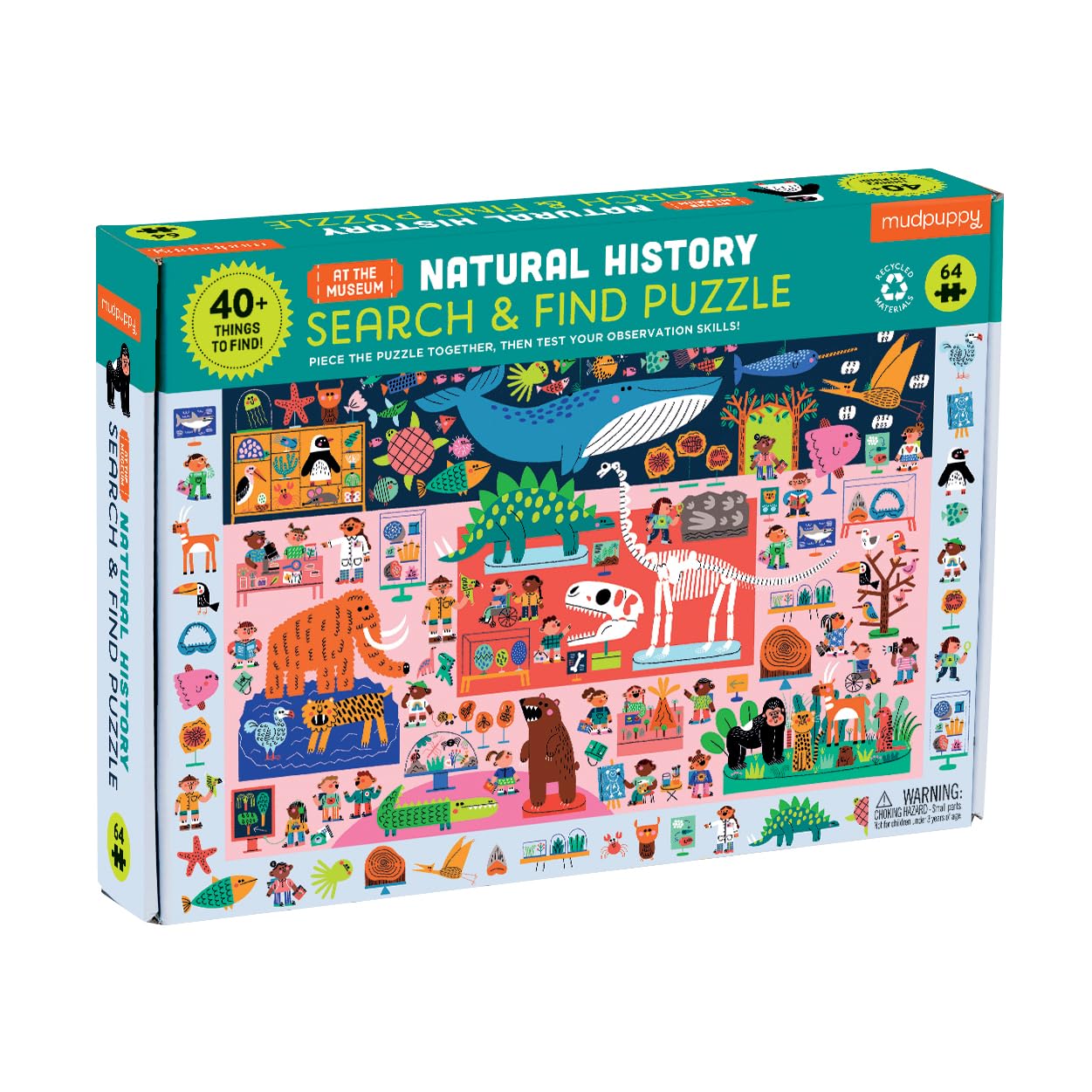 Mudpuppy Natural History Museum — 64 Piece Search & Find Puzzle Jigsaw Puzzle Featuring Present Day and Prehistoric Animals and Over 40 Hidden Images to Find for Ages 4+