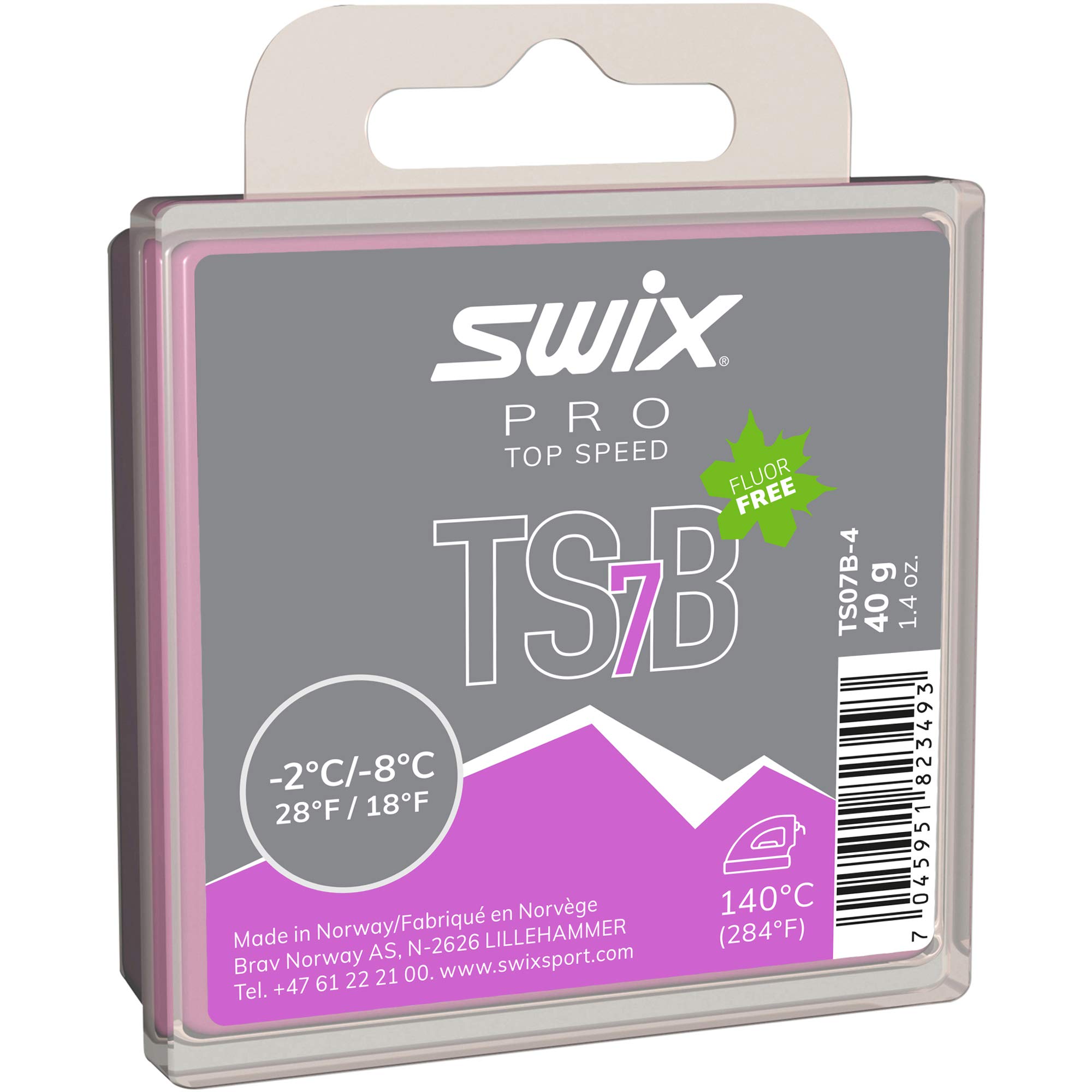 SwixTS07B-4 - TOP SPEED WAX - TS7B BLACK - 18 to 28 degrees Fahrenheit - 40g Bar - Fluoro Free - Ski or Snowboard - FIS Approved - Man Made Snow