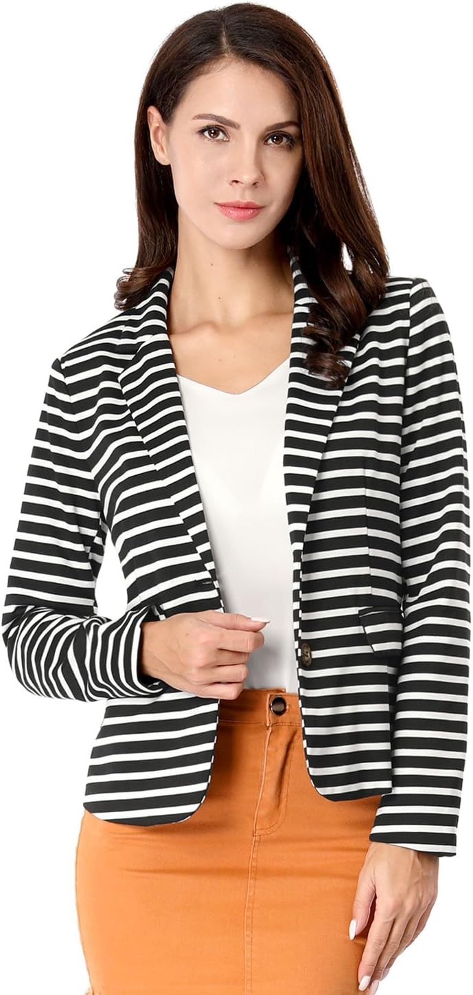 Allegra K Women's Notched Lapel Pocket Button Closure Striped Blazer