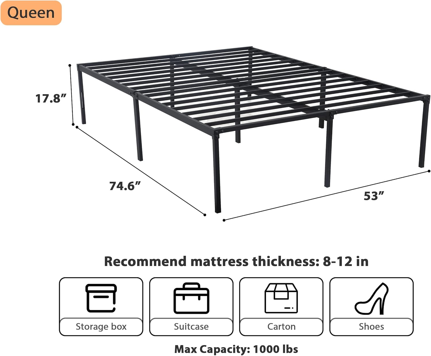 14 Inch Full Size Metal Bed Frame, Heavy Duty Bed Frame Metal Platform Mattress Foundation Bed Frames with Storage, No Box Spring Needed, Under Bed Storage, Noise-Free