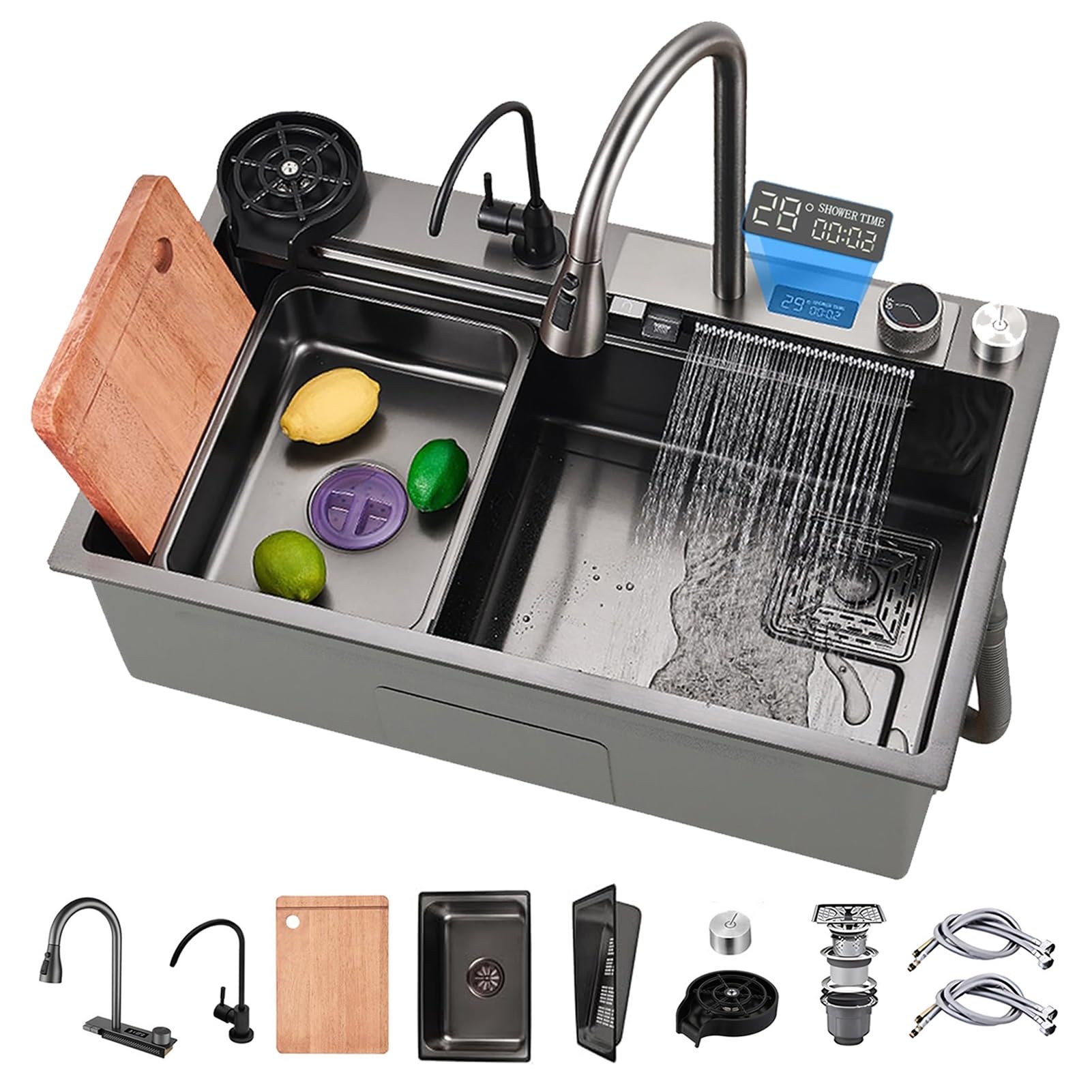 YADZISW Stainless Steel Workstation Kitchen Sink with Waterfall Faucet Nano Coated Digital Display Deep Single Bowl Large Capacity Topmount (Black 68cm)