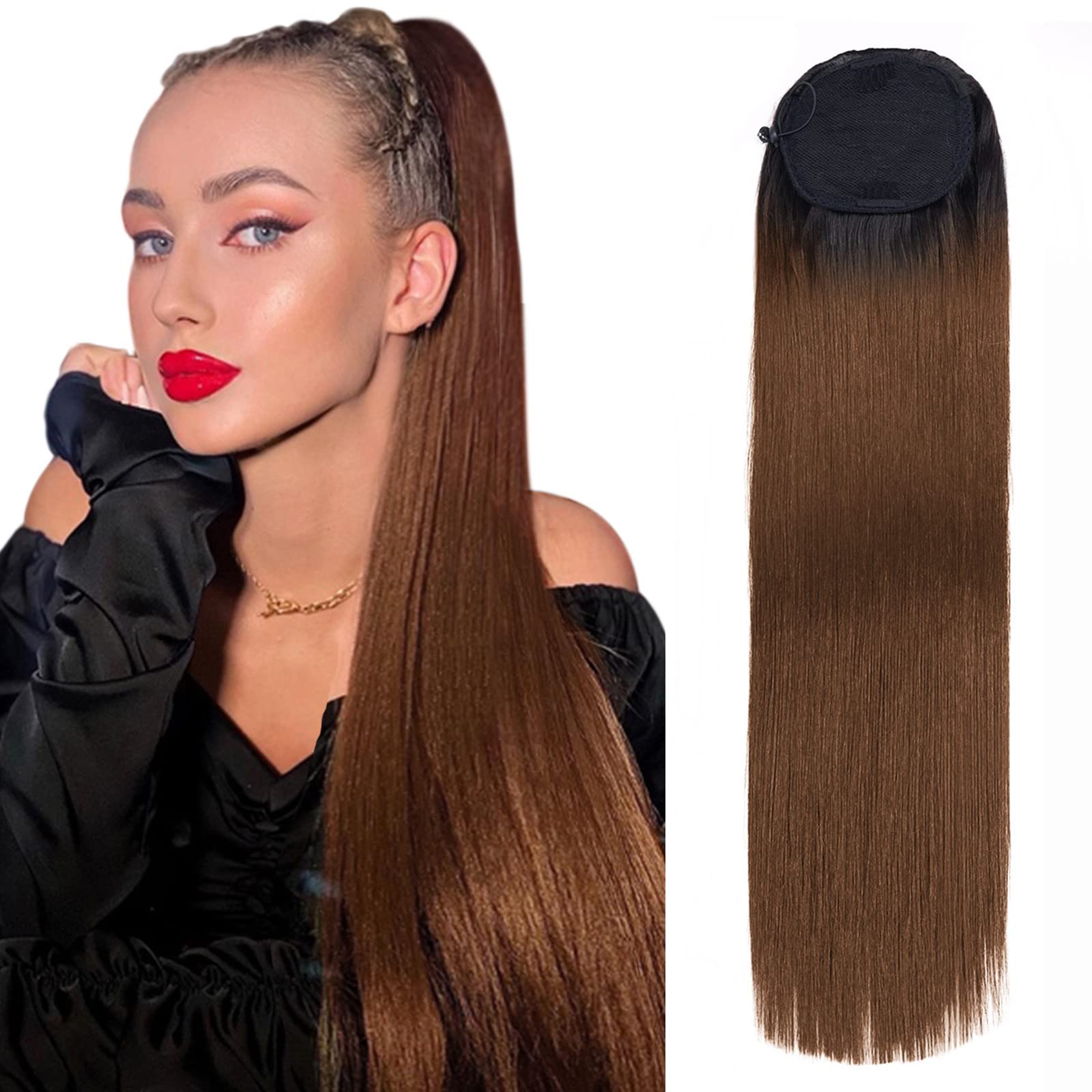 Meepo 32 Inch Straight Ponytail Extensions Synthetic Drawstring Ponytail For Black Women Human Hair Feeling With Clip In Thick Ponytail Hair Ombre Brown Hairpiece( #T2/30,160g) (32", #T2/30)