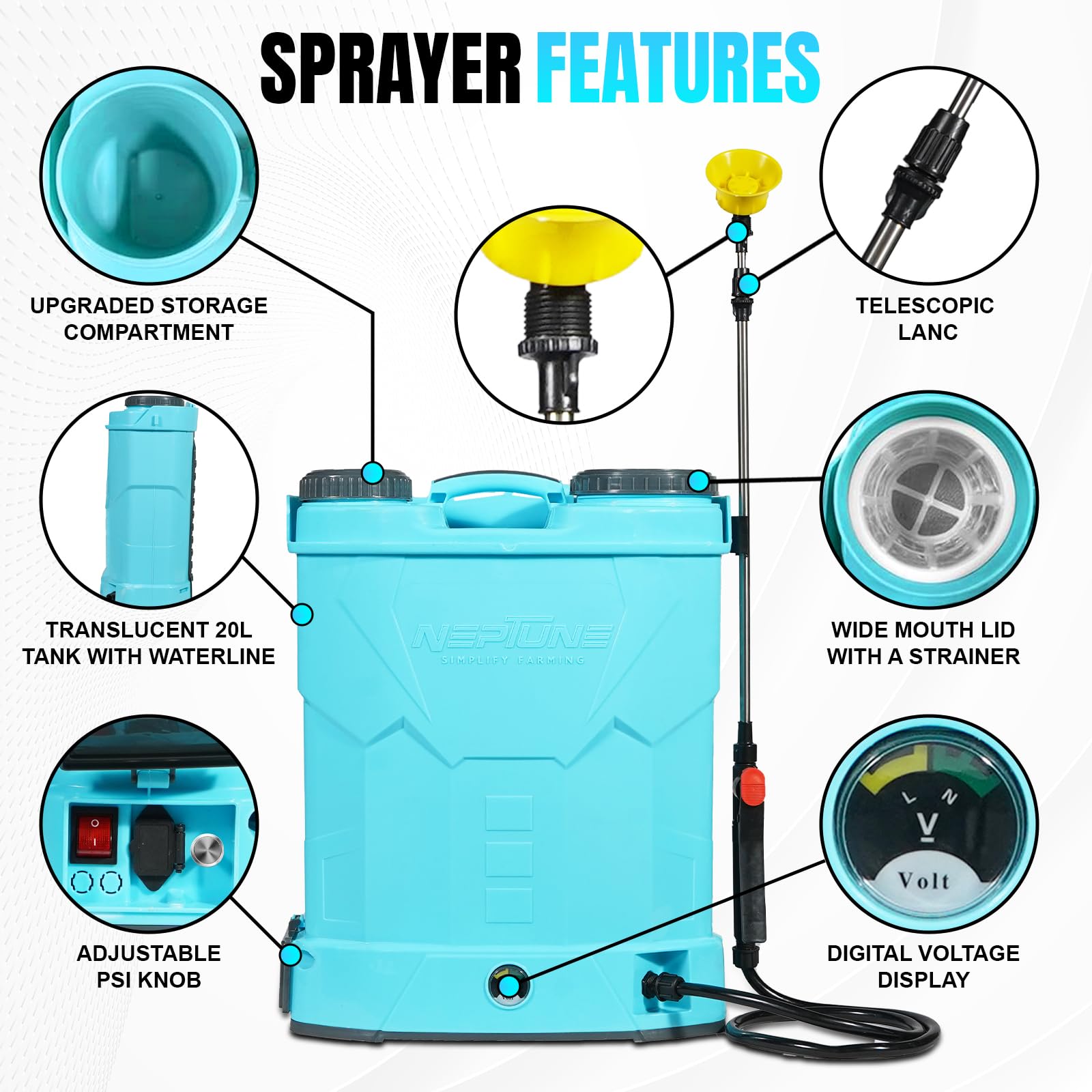 Neptune Simplify Farming Knapsack Battery Sprayer 12V x 8Amp | Telescopic Stainless Steel Lance | 20L Tank Capacity | Get 4 Nozzles | Ideal for Agriculture & Garden Spraying - Image 7 thumbnail