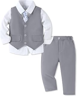 Boy Suit Toddler Boys Formal Dress Outfit Shirt+Printed Tie+Vest+Pants Baby Tuxedo Boys Wedding Clothes