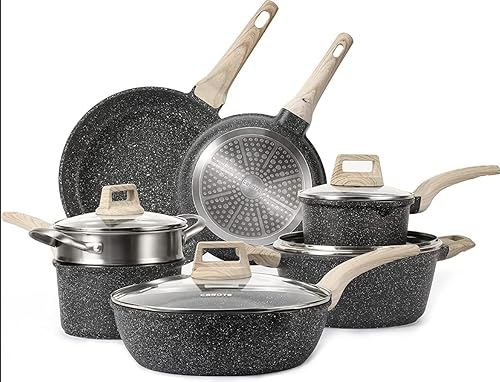 Miniatura 1 de Juego de ollas y sartenes antiadherentes, 11 piezas de utensilios de cocina de piedra de granito (negro)