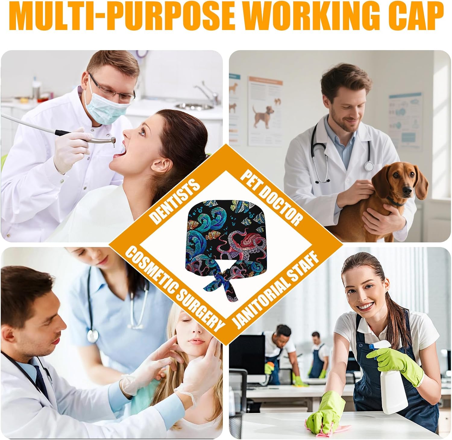 Working Cap Scrub Cap with Button and Sweatband Adjustable Elastic Nurse Hats for Women & Men Octopus