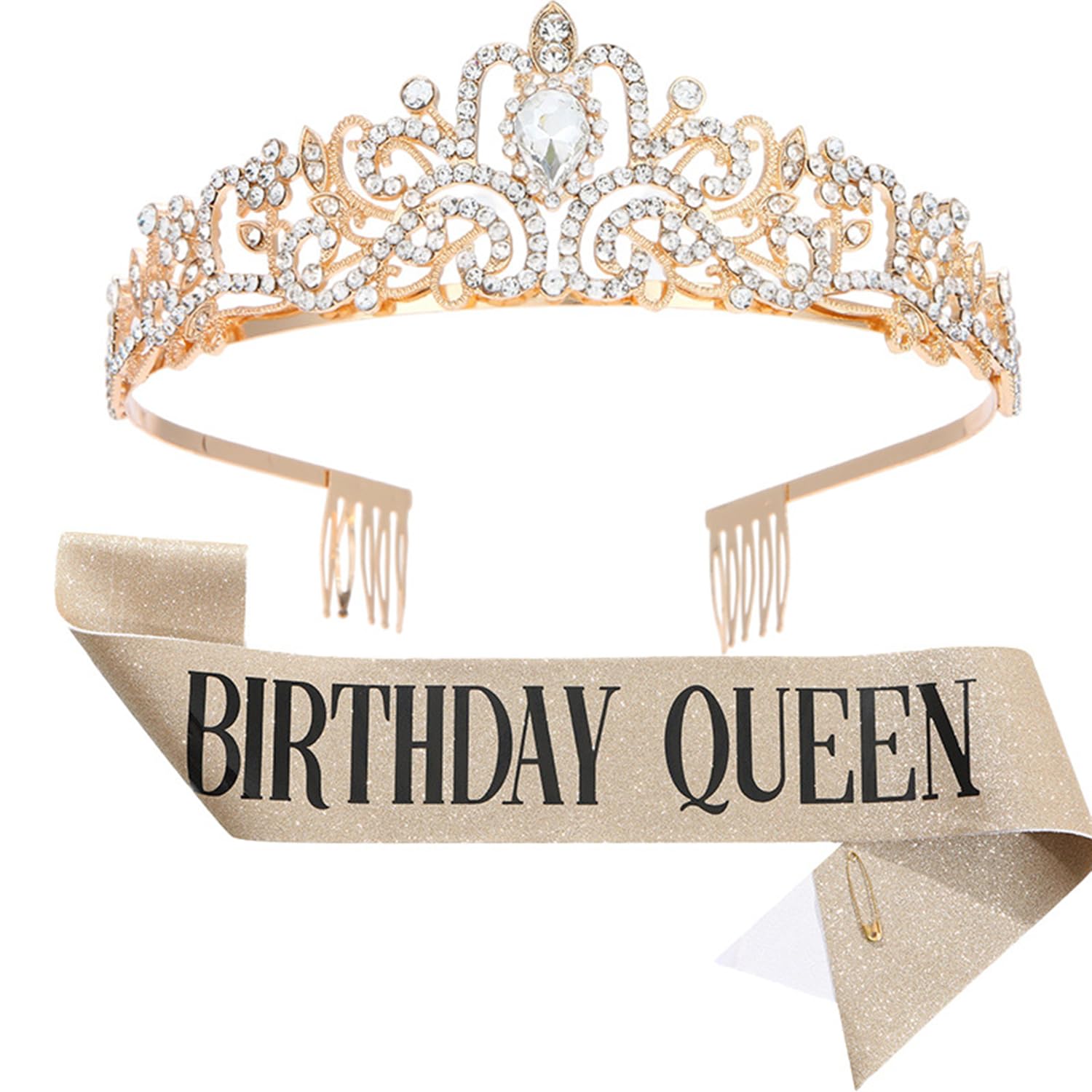 CHTENG Birthday Queen Sash and Tiara Rhinestone Crown Headband for Birthday Party Supplies (GOLD)