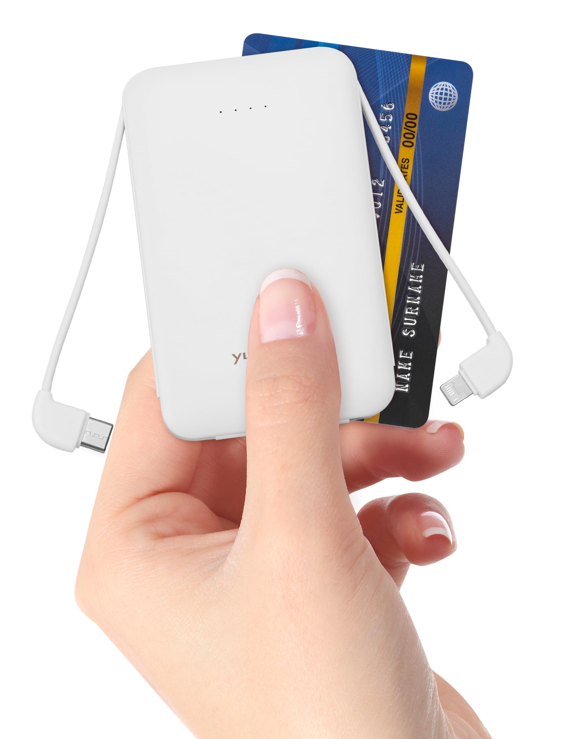 yuyuhoo Power Bank, Slimmest 5000mAh Portable Charger with Built in USB-C Cables, USB C in&Out Charging Battery Pack, External Phone Powerbank Compatible with iPhone, Android, White