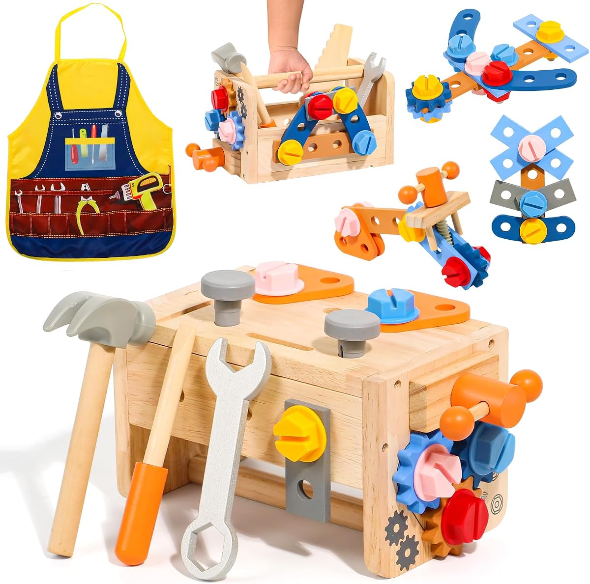 TONZE Kids Tool Set with Apron, 39 PCS Wooden Tool Box Montessori Toys | Little Builder Toys for 3 4 Year Old Boys Girls, Educational Learning Construction Toys Pretend Play Toys Birthday Gift