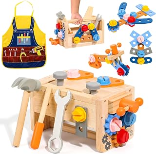 TONZE 39PCS Wooden Toddler Tool Set with Apron - Montessori STEM Tool Bench for 2-5 Year Olds, Kids Pretend Play Construction Toys Birthday Gift