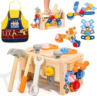 TONZE Kids Tool Set with Apron, 39 PCS Wooden Toddler Tool Bench Box Montessori