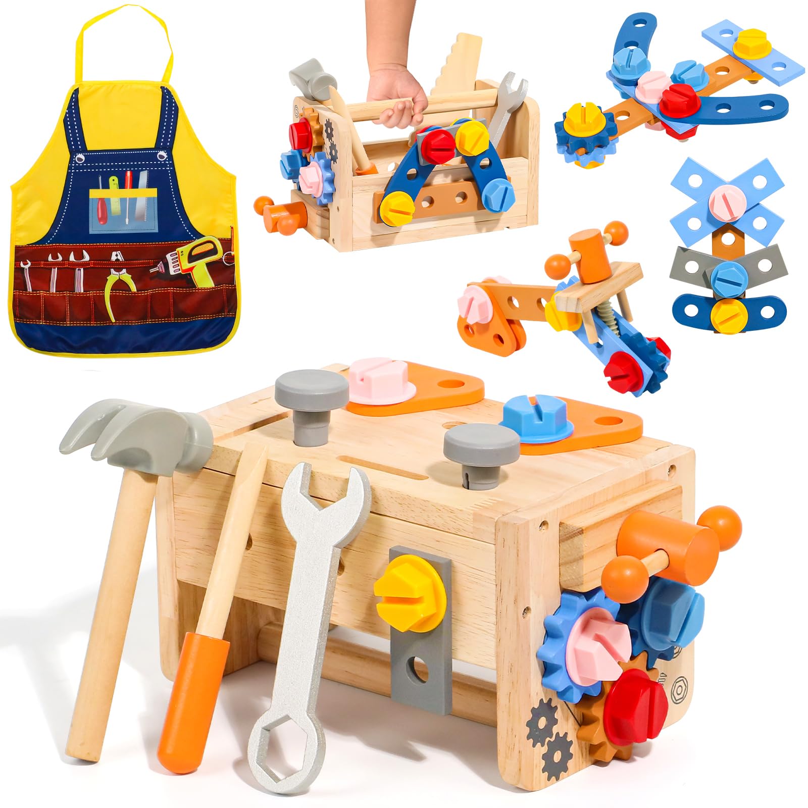 TONZE Kids Tool Set with Apron, 39 PCS Wooden Toddler Tool Bench Box Montessori Toys for 2 3 4 Year Old Boys Girls, Educational STEM Construction Toys Pretend Play Toddler Toys Age 3-5 Birthday Gift