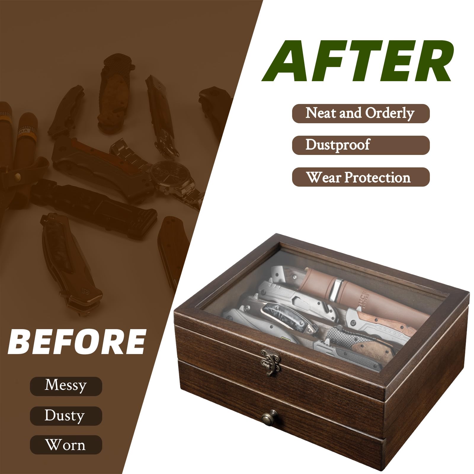 2 Étages Présentoir à Couteaux, Grande Vitrine à Couteaux pour Plusieurs Couteaux Pliants, Coffret Poignard en Bois avec Tiroir et Vitre Haute Définition, pour Collections, Cadeau (Noyer)