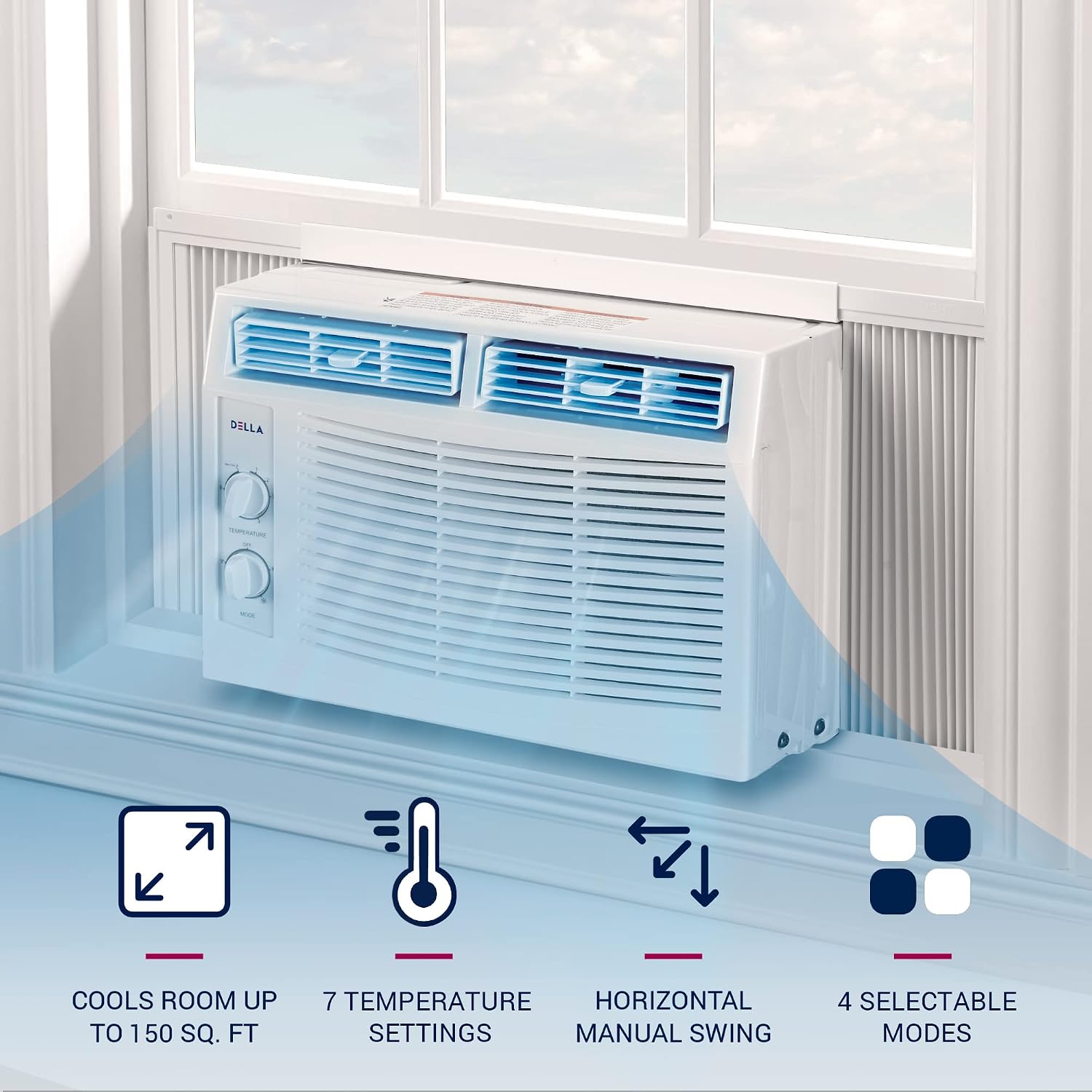 DELLA 5000 BTU Smart Window Air Conditioner, Mechanical Controls, Energy Star Certified, Whisper Quiet Operation, With Easy Install Kit, Cools 100-150 Sq.ft 2023 updated