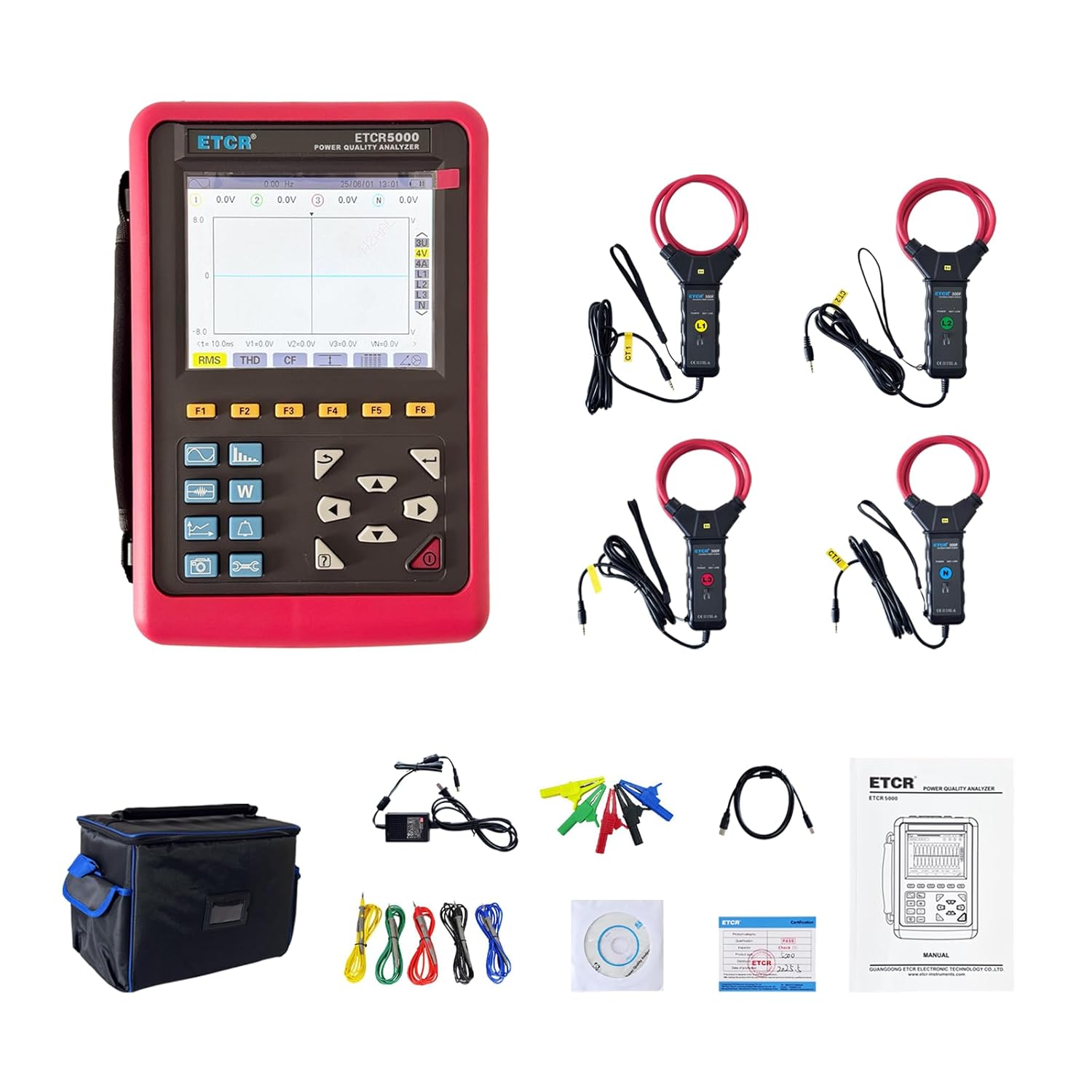 ETCR5000-300F 6000A 3-Phase Power Quality Analyzer Harmonics Analyzer Three Phase Datalogger with ETCR300F Ф300mm Flexible Coil Current Clamp Sensor Range 10A-6000A