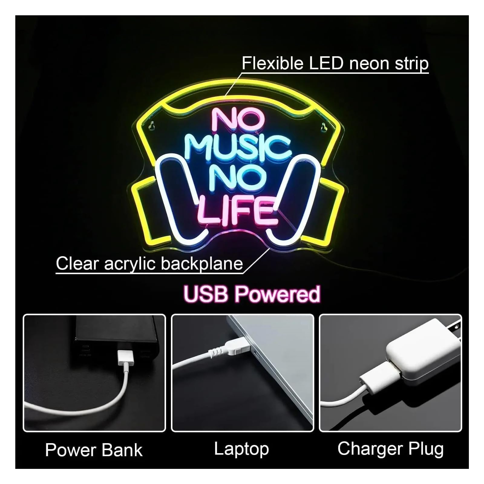 Luci al Neon Da Parete No Music No Life Insegna Al Neon Luce A LED Per Decorazioni Murali Alimentata Tramite USB Per Sala Musica Camera Da Letto Negozio Sala Giochi 34cm×32.5cm