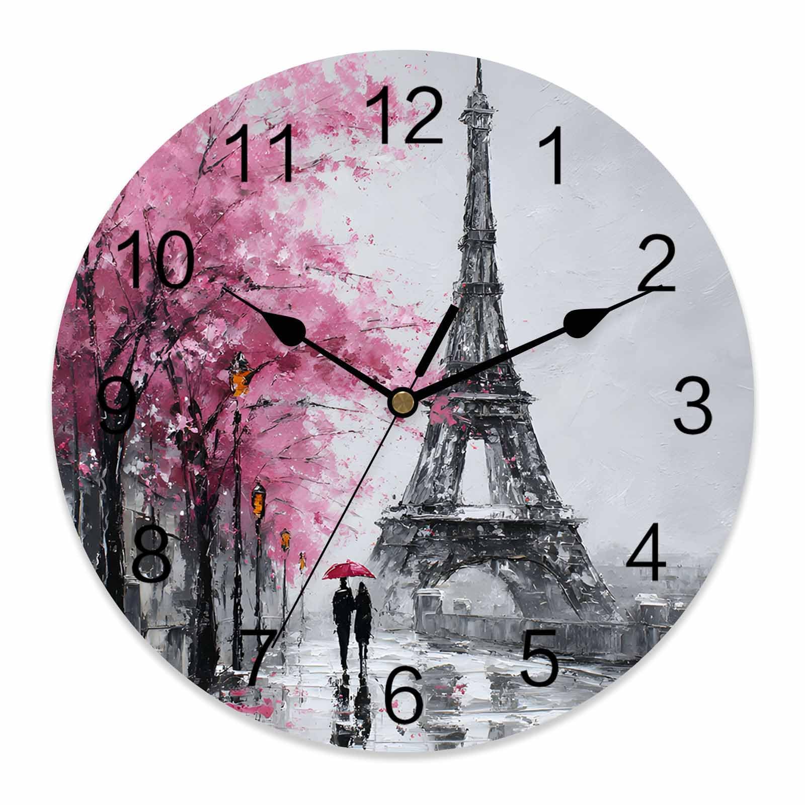 Ensound Valentine's Day Wall Clock Romantic Couple Clocks Wooden Silent Non-Ticking Battery Operated Red Tree Rainy Days Eiffel Tower Round Clock for Home Living Room Kitchen Bedroom 12 Inch