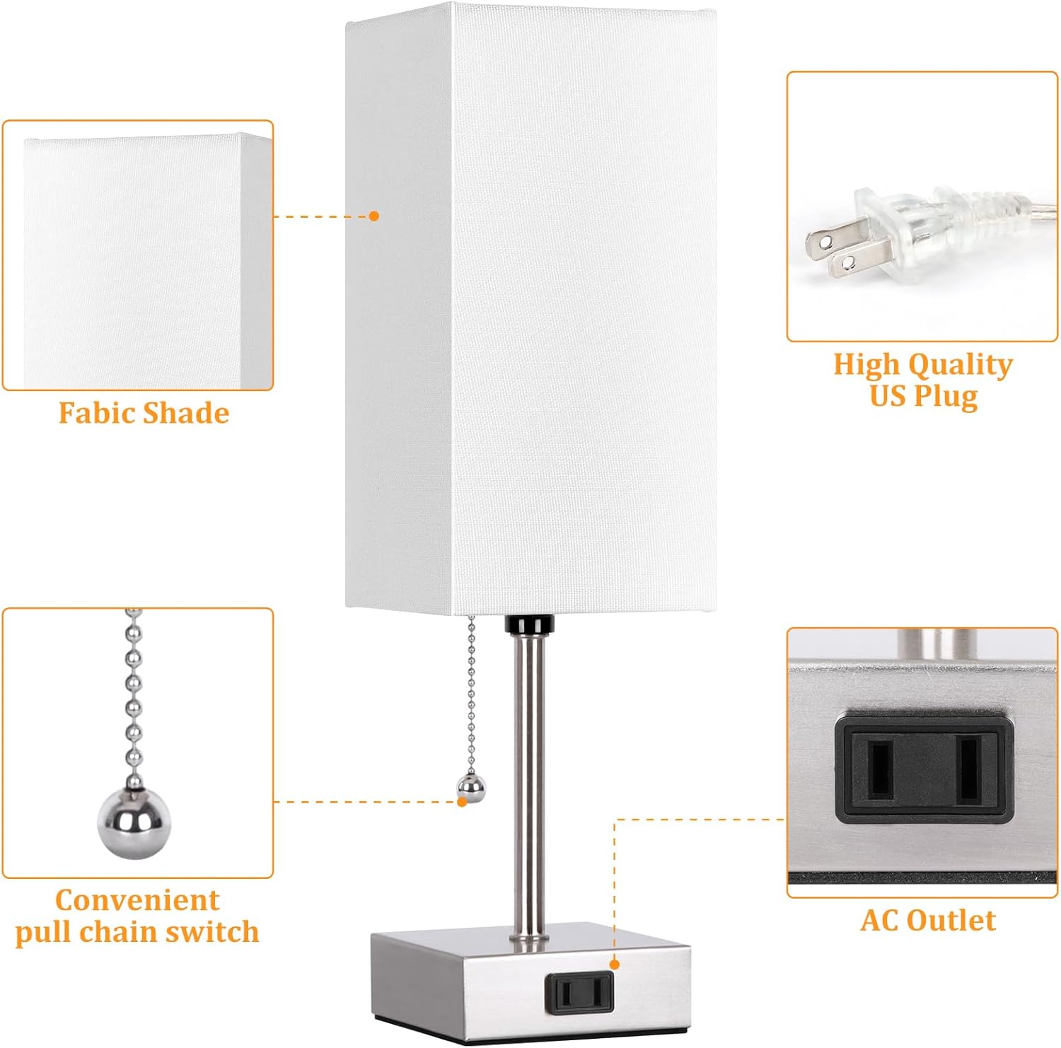 Dott Arts Touch Control Bedside Lamp, 3 Way Dimmable Nightstand Lamp with 2 USB Ports & AC Outlet, Modern Style, White Fabric Shade