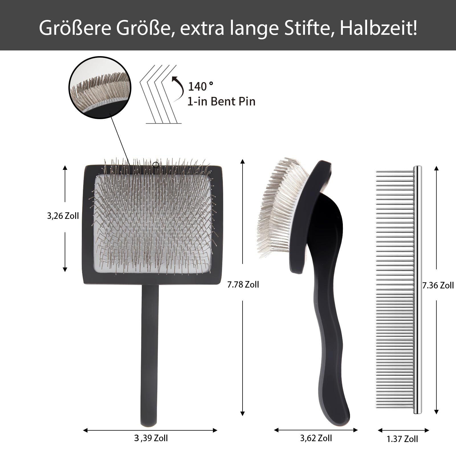Profi Zupfbürste & Hundebürste Langhaar (25mm Borsten) – Slicker Brush Set mit Kamm – Sanftes Entfilzen von Fell & dicker Unterwolle bei Golden Retriever, Pudel, Doodle & Katzen – Schwarz