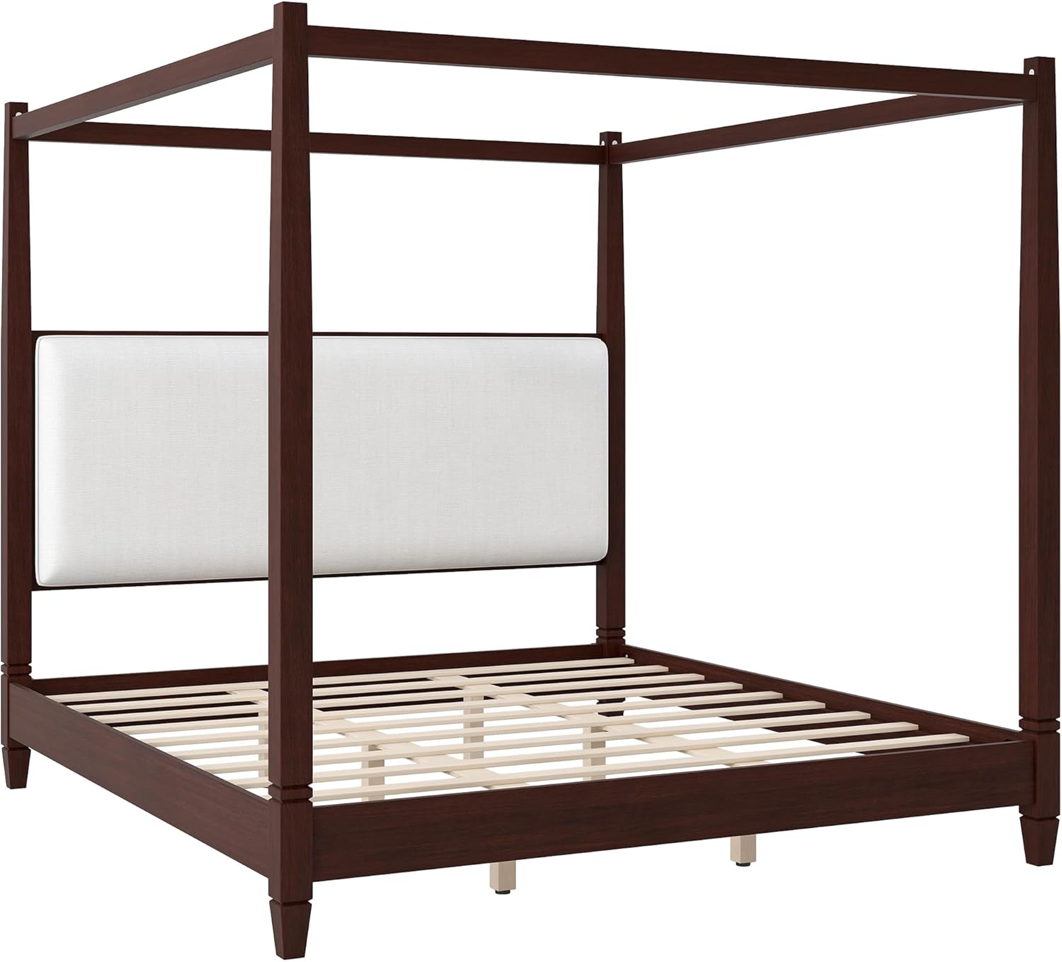 SOFTSEA King Size Canopy Bed with Linen Upholstered Headboard, Modern 4-Poster Canopy Bed, Solid Wood Platform Bed Frame for Bedroom, No Box Spring Needed, Espresso