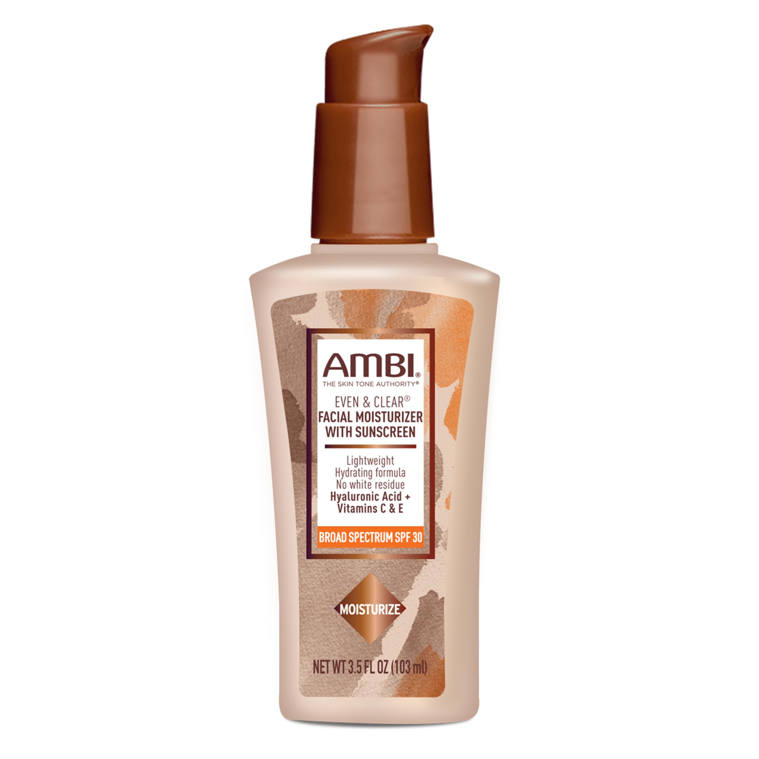 AMBI Even & Clear Facial Moisturizer SPF 30, Daily Face Lotion for Uneven Skin Tone, Hyaluronic Acid, Vitamins C & E, Lightweight Sunscreen, No White