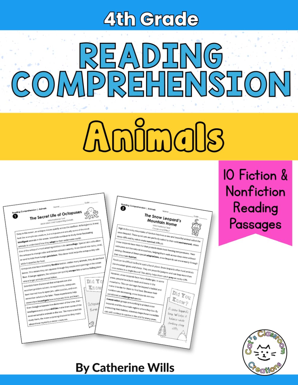 4th Grade Reading Comprehension Workbook: Animals Edition: 10 Reading Passages, Vocabulary Practice, Skill Builders,Reading Review