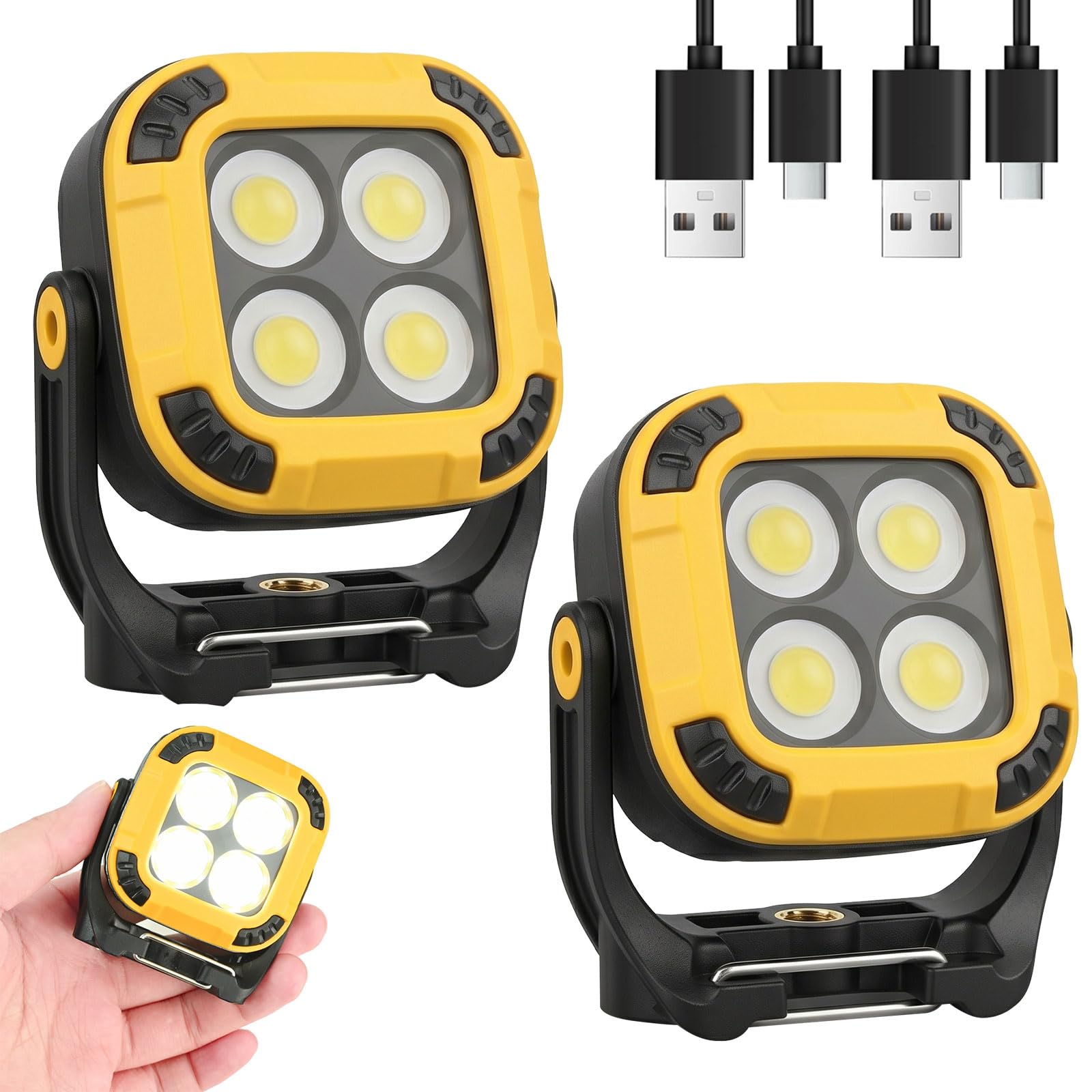 2 Pack 10W LED Rechargeable Work Light, 500LM Portable Magnetic COB Floodlight, 180° Rotate Work Torch, 4 Light Source & 4 Brightness Levels with Type-C Cable for Garage Camping Hiking Fishing