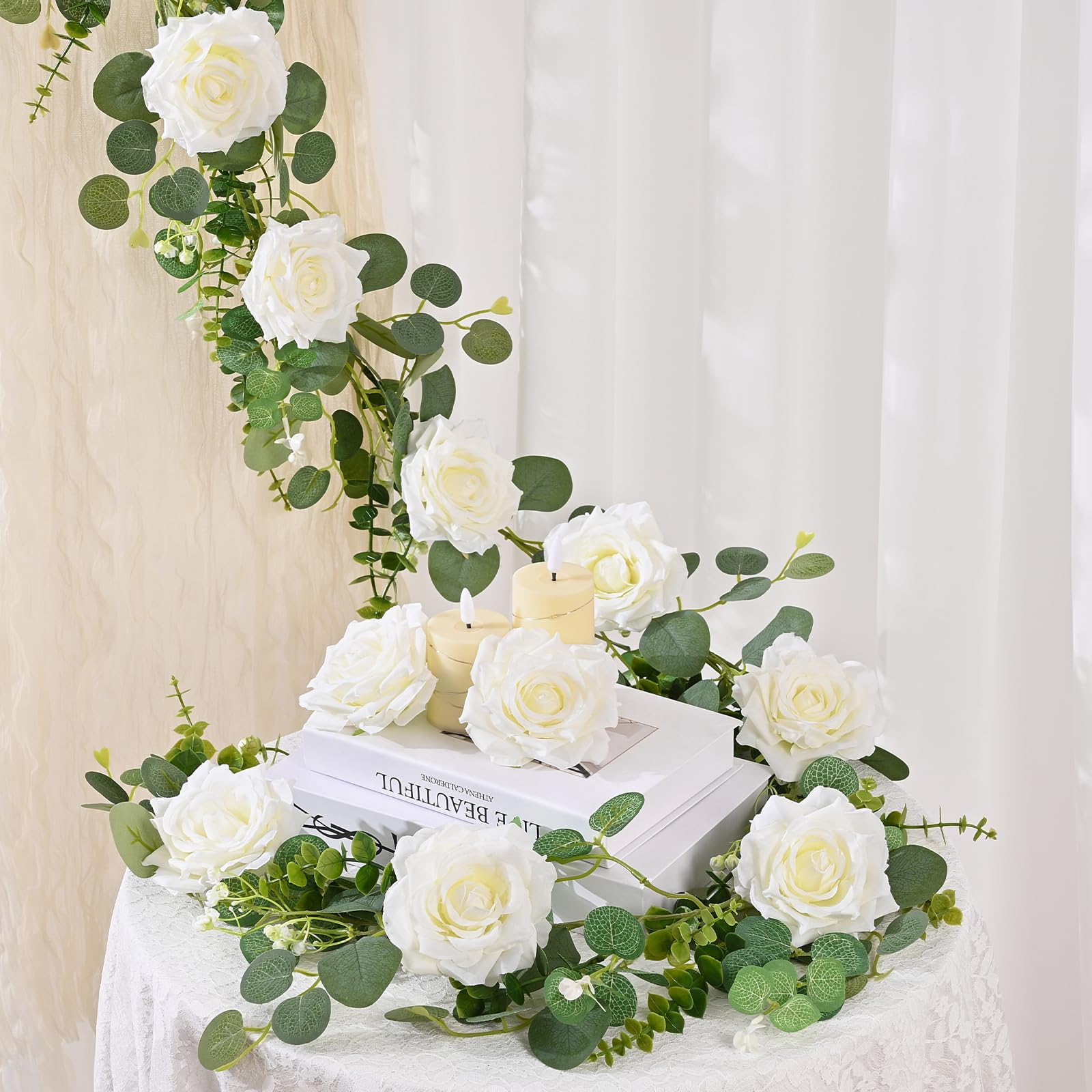 Livole Ghirlanda di fiori di eucalipto artificiale in seta artificiale, rampicante da appendere, per matrimoni, centrotavola, feste, archi, cerimonie, ghirlande, sfondo, decorazione (bianco)