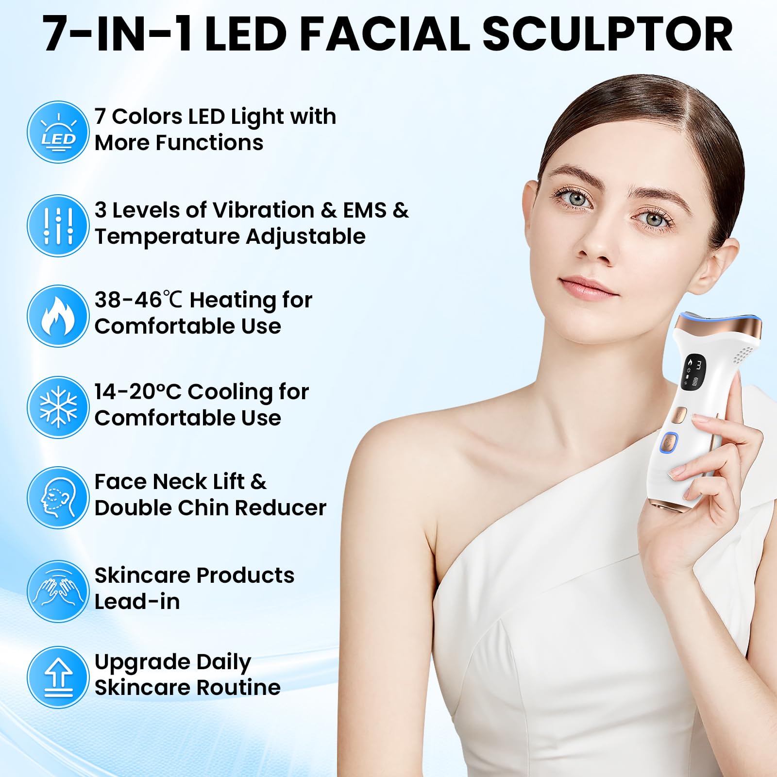 PKBD Elektrisches Gesichtsmassagegerät – Anti-Aging-Behandlung gegen Falten und Doppelkinn, 45 °C Wärme- und 15 °C Kältetechnologie, 4 Modi, mehrfarbiges LED-Licht