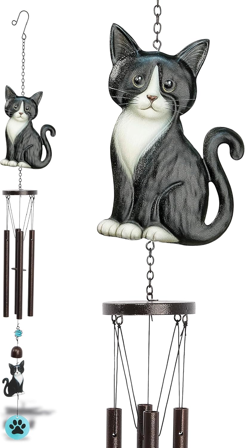 CoTa Global Tuxedo Cat Wind Chime - Pet-Themed Metal Hanging Decor with Dark-Tone Wind Chime Tubes and Beaded Accents, Indoor Outdoor Porch Patio Garden Decoration - 33.5 Inches