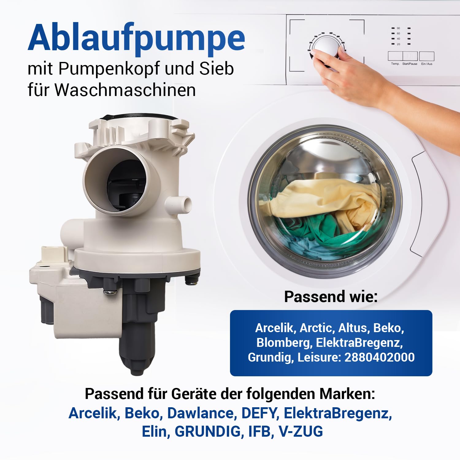 VIOKS Pompa odpływowa, 34 W, zamiennik do pralki Beko 2880402000, pompa opróżniająca z króćcem pompy i wkładem sitka do prania