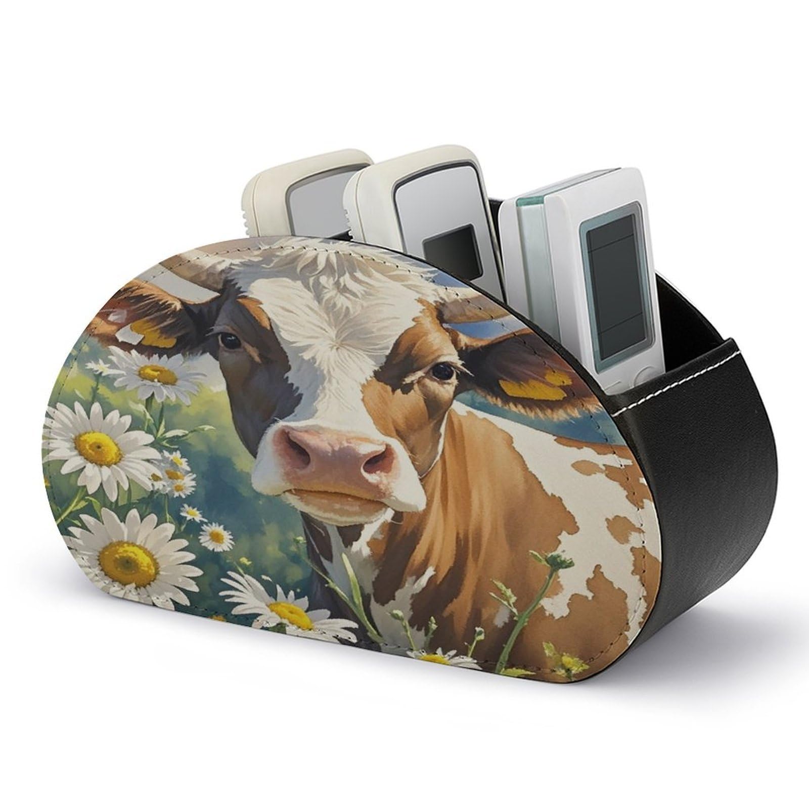LZQPOEAS Watercolor Cow And Daisy Flower Remote Control Holder with 5 Compartments PU Leather Remote Organizer Box Caddy for Table Nightstand Remote Caddy Desktop Organizer Fits Media Controllers