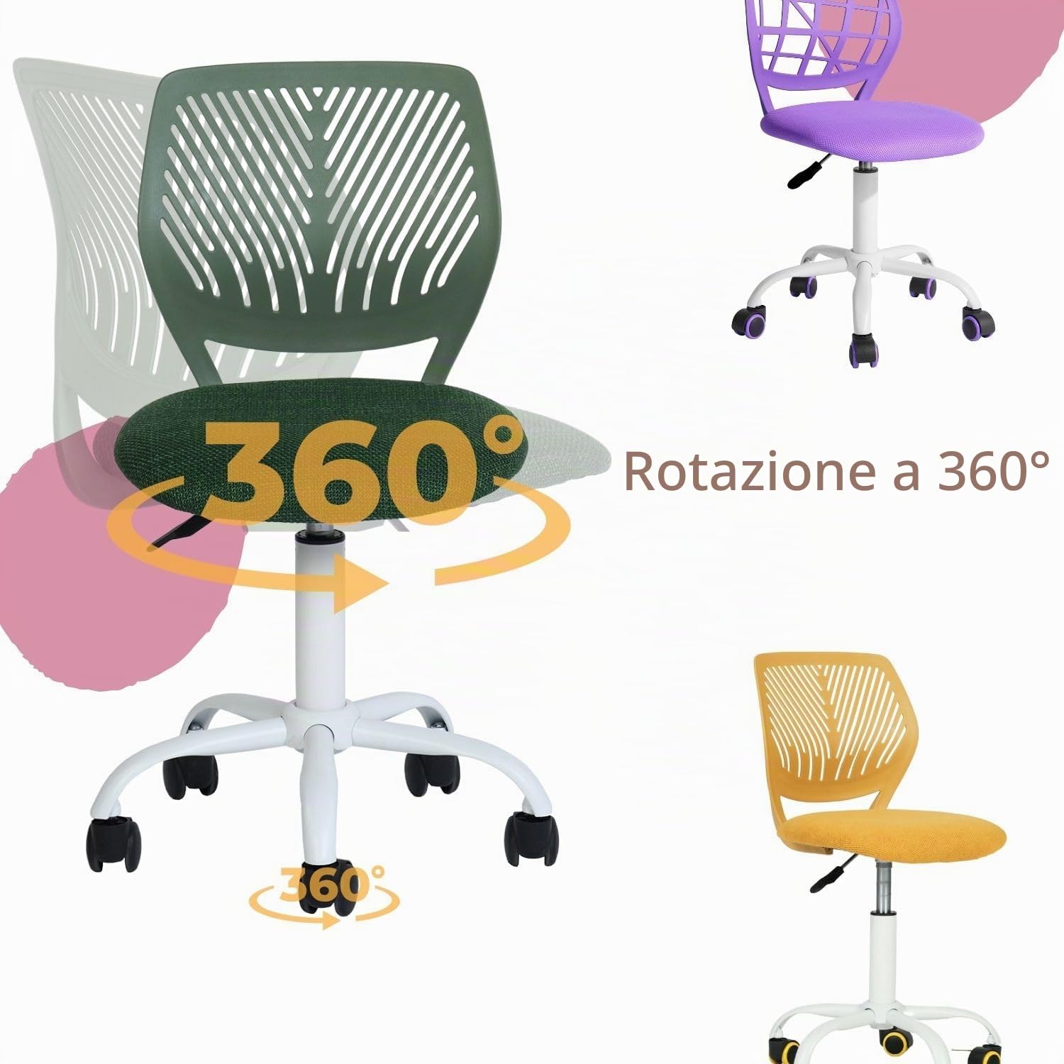 FurnitureR Sedia per bambini regolabile in altezza, colorata ergonomica, con schienale e braccioli, sedia per bambini a 5 ruote, per bambini dai 3 ai 10 anni, carico massimo 100 kg